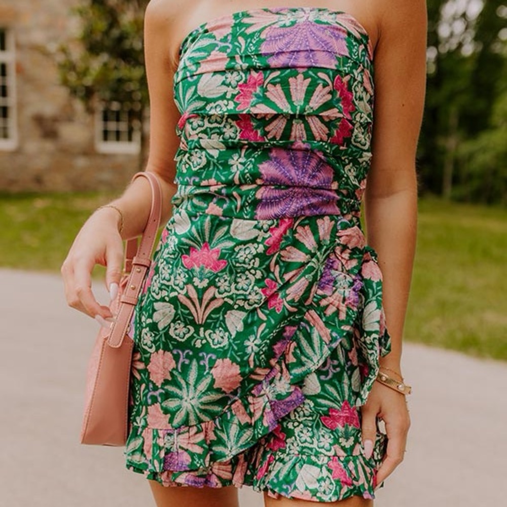 Floral Strapless Green Dress